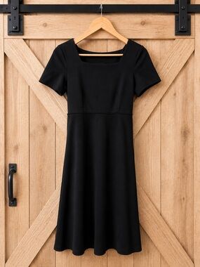 Formal Fashions Black Midi Dress Size 8 Square Neck A-Line Back Tie Made USA